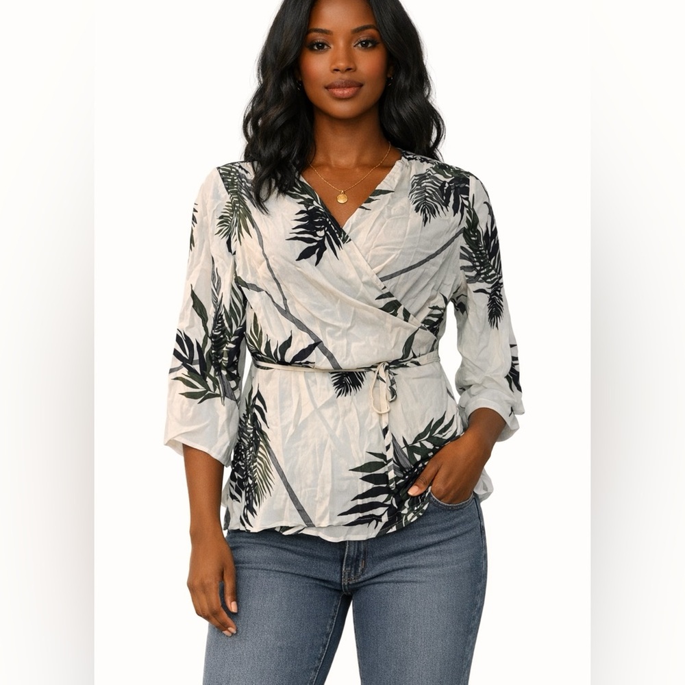3/$15 Rayon Wrap Leaf Print Top Monroe & Main Blouse Ivory Olive Top Tie Front